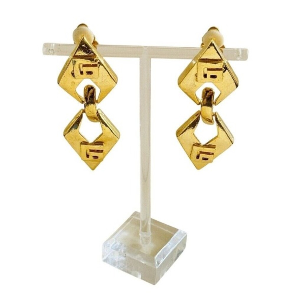 VTG Regal Earrings Runway Shiny Gold Plated metal Statement Dangle clip rare 80s